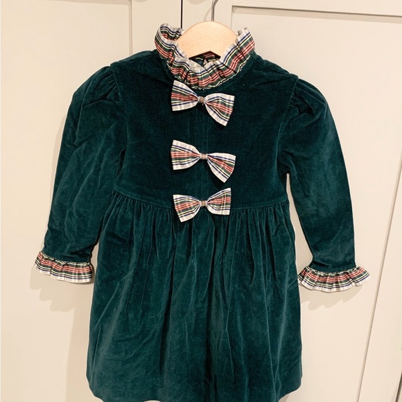 Vintage Green Velvet Cotton Plaid2T Dress with ruffled collar and bows